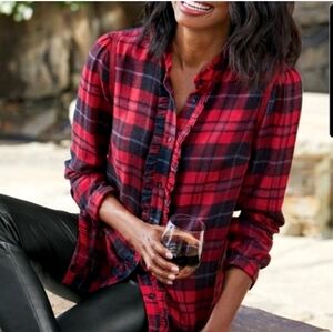Soft Surroundings Red Plaid Ruffle Button Long Sleeve Holiday Shirt Top